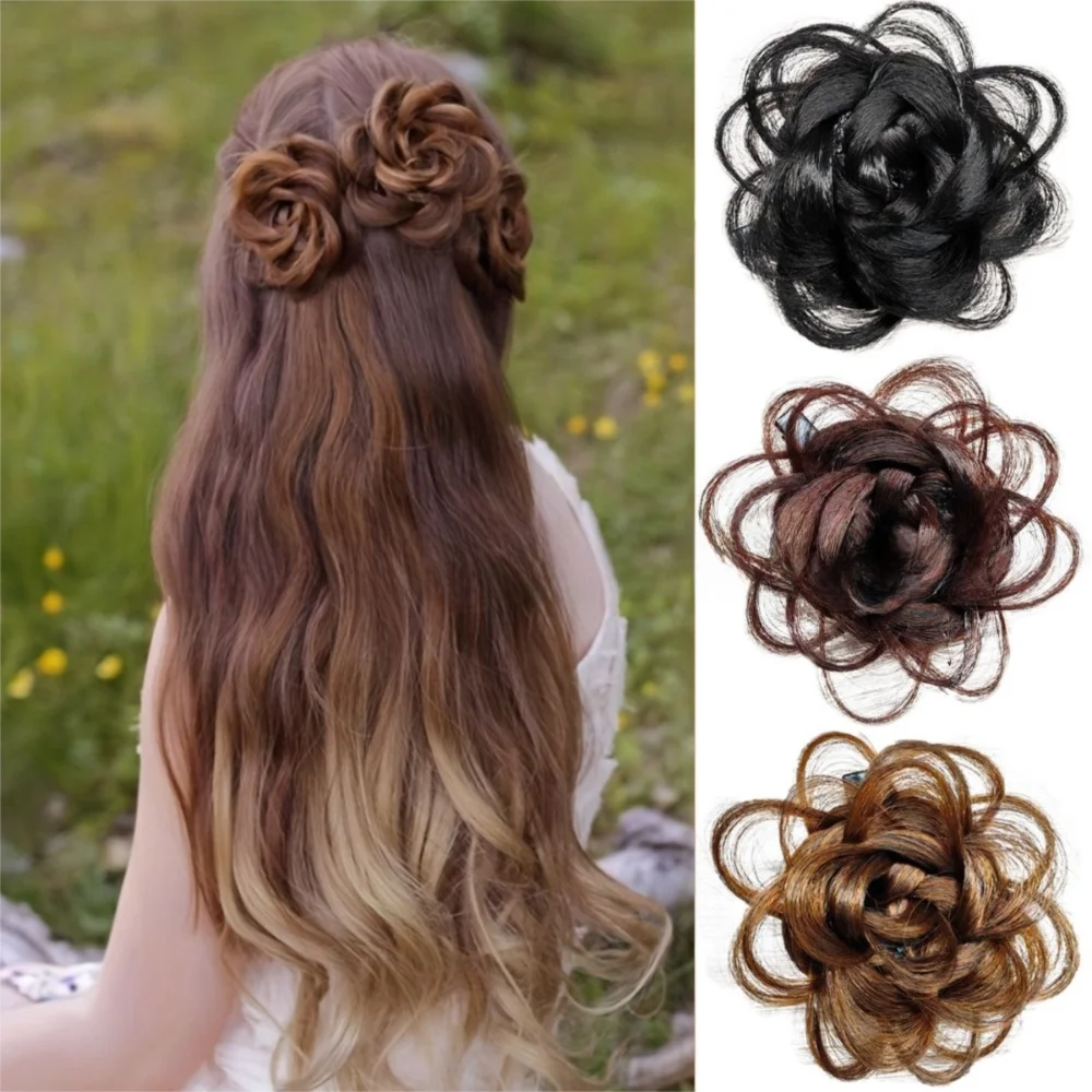 Pinza de Pelo con Flor de Peluca Sintética para Peinado, Horquilla Invisible, Postizo Esponjoso, Moño de Pelo con Rosa, Clip Trenzado en Forma de Rosa para Mujer