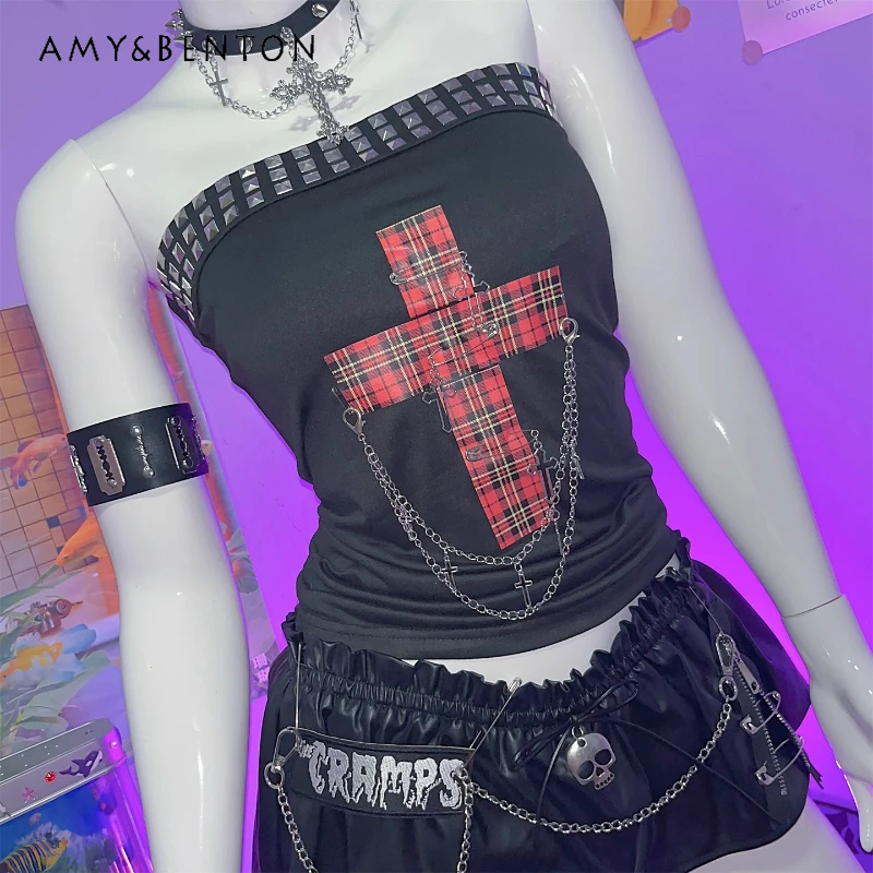 

European American Y2K Hot Girl Subculture Rock Punk Women's Clothing Gothic Dark Sweet Cool Rivet Metal Chain Tube Top Ladies