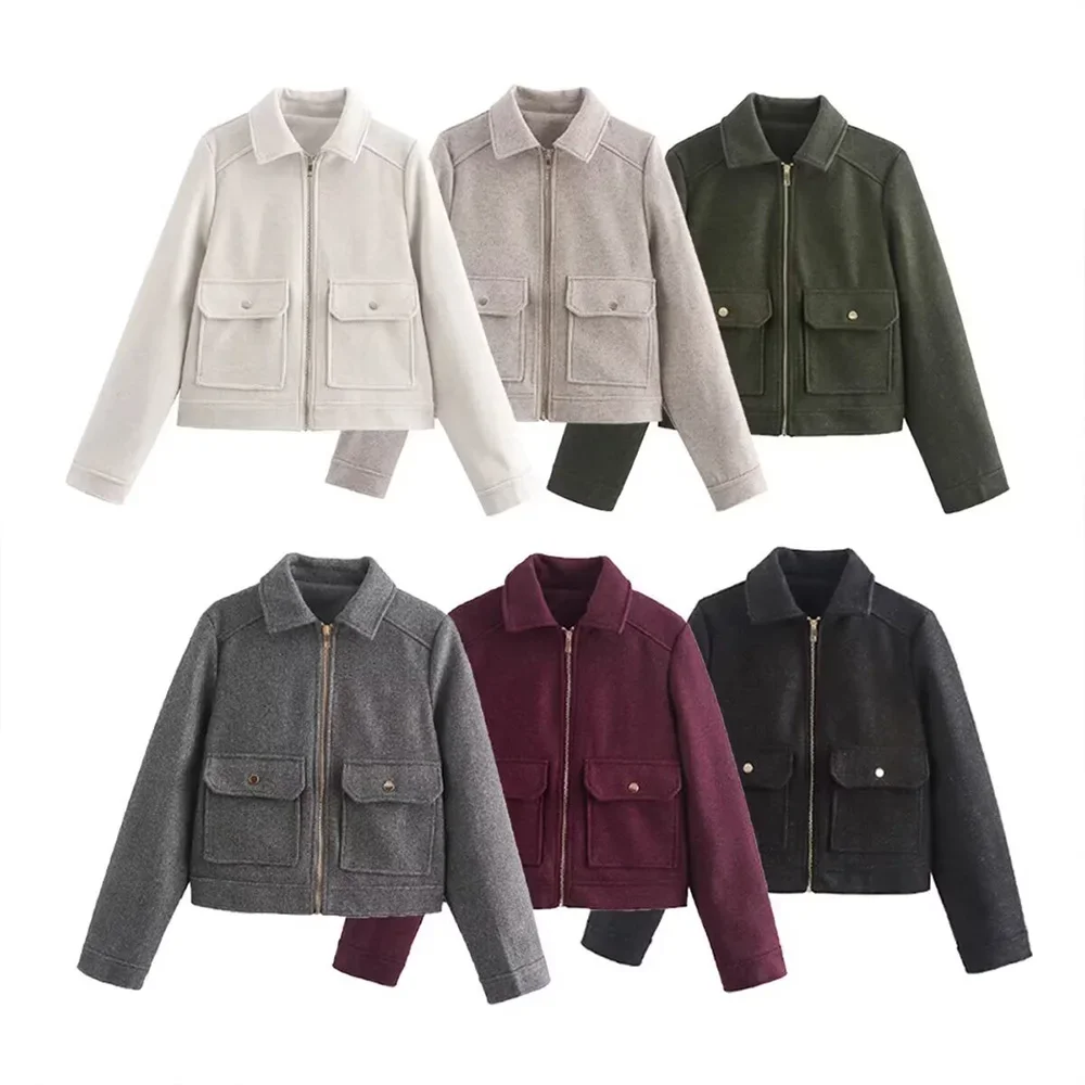 

Wine Red White Deep Grey Khaki Black Army Green Six Color Zipper Pocket Long Sleeves Women Soft Loose Jacket Coat