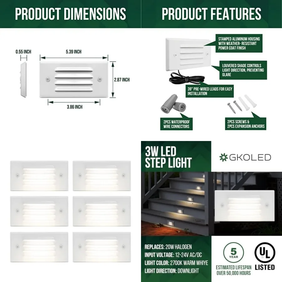 Low Voltage Outdoor Step Lights 12V 3W Stair Lighting with Horizontal Louvered Faceplate, Surface Mount Suitable for Steps Deck