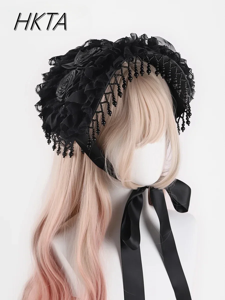 

Original Handmade Gothic Dark Cosplay Lolita Hat Subculture Black Pearl Fringed Lace Rose Caps Punk Style Halloween Hat Women