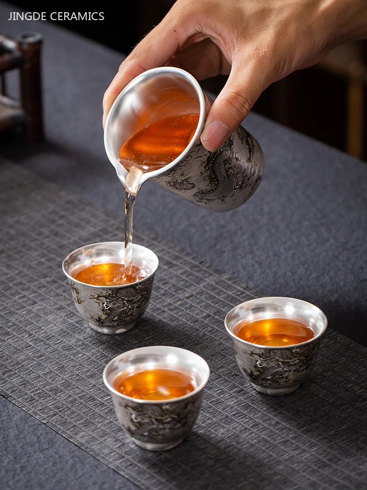 Home Beauty Teacup High-grade Silver-plated Ceramic Master Cup Hand-made Dragon Design Tea Cup Chinese Zen Tea Set Accessories