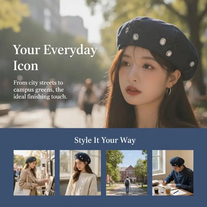 Blue Denim Beret Hat Glitter Rhinestone Bow Decor Face Slimming Soft Cap for Women Weekend Outings