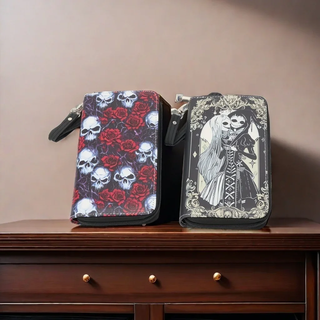 Avant-garde punk Halloween ladies gothic long wallet, vintage skull Y2K roses, women's clutch, print position random, zipper pos