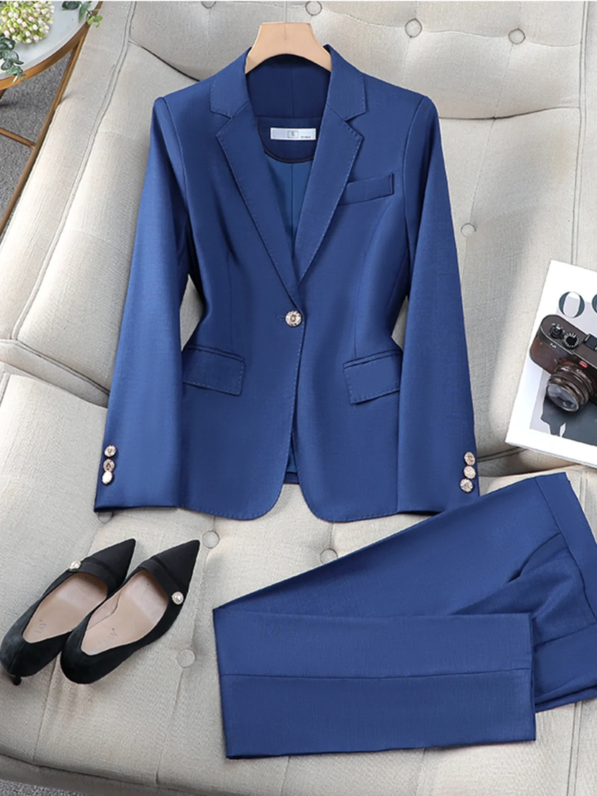 Business Commute Slim Fit Single Button Suit Set Women Early Autumn New Simple Dry Profession Work Uniform Pure Color Suit