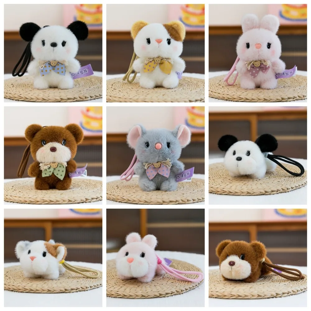 Bonito pequeno urso animal boneca pingente coelho fofo gato brinquedo de pelúcia chaveiro mouse macio cão boneca de pelúcia chaveiro festas de aniversário