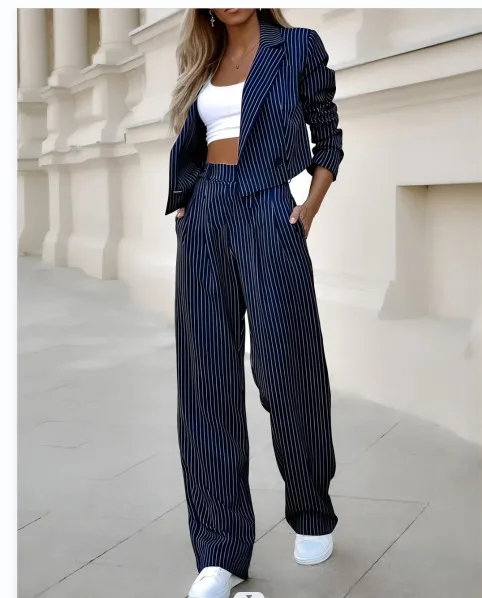 Striped Blazer Coat & Straight Leg Pants Set Women Coats Pant Sets Two Piece Suit Turn Down Collar Jackets Midi Waist Trousers