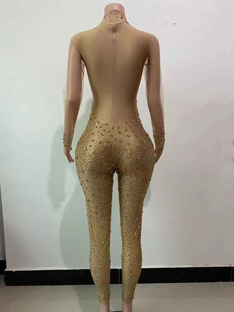 Luxurious Rhinestones Leotard Pants Women Evening Prom Party Birthday Outfit Sexy Mesh Dance Costume Crystal Bodysuit Stage Wear