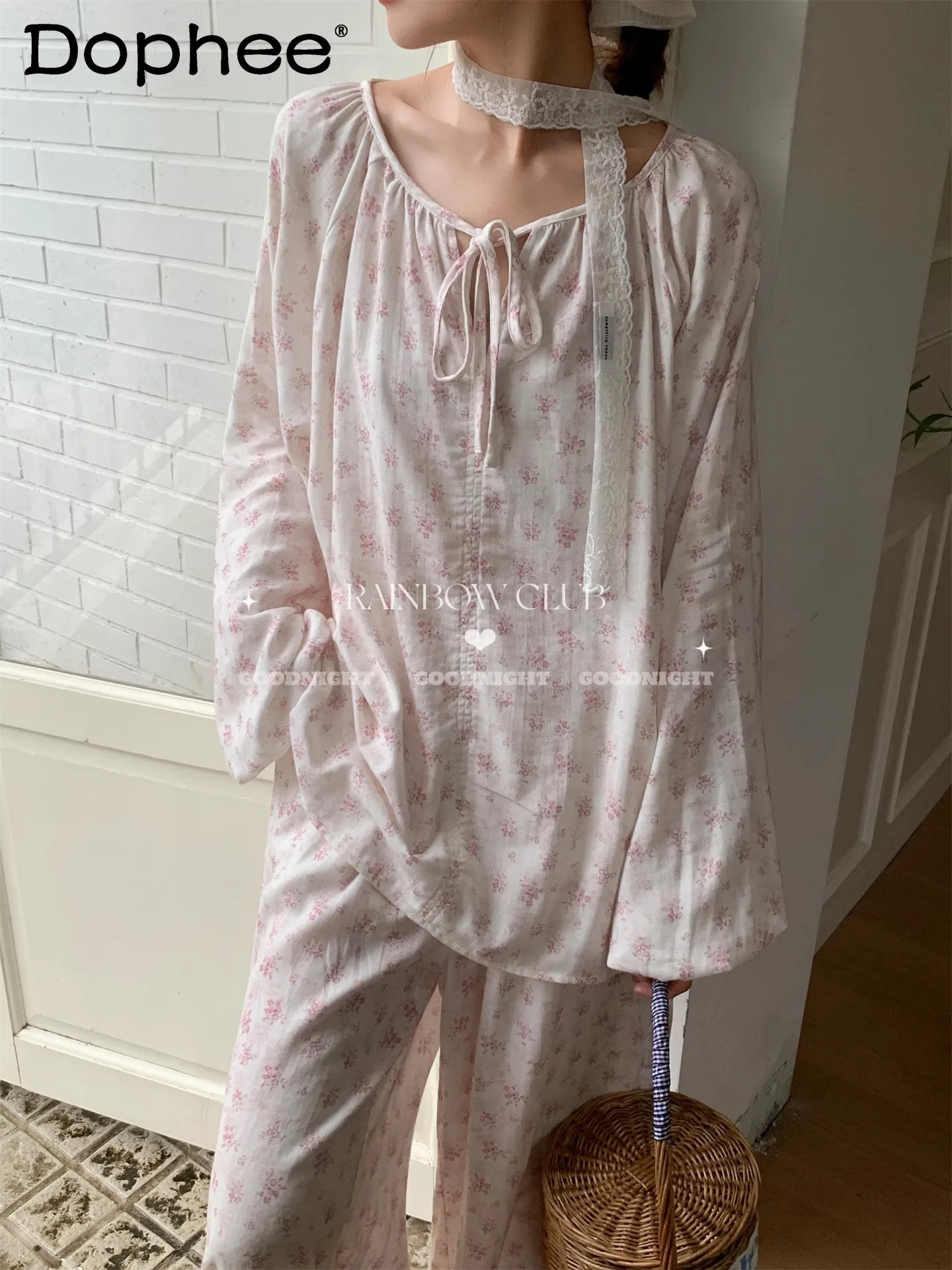 

100% хлопок, свободные повседневные пижамы в японском стиле INS с круглым вырезом и длинными рукавами, милый милый удобный комплект домашней одежды для женщин