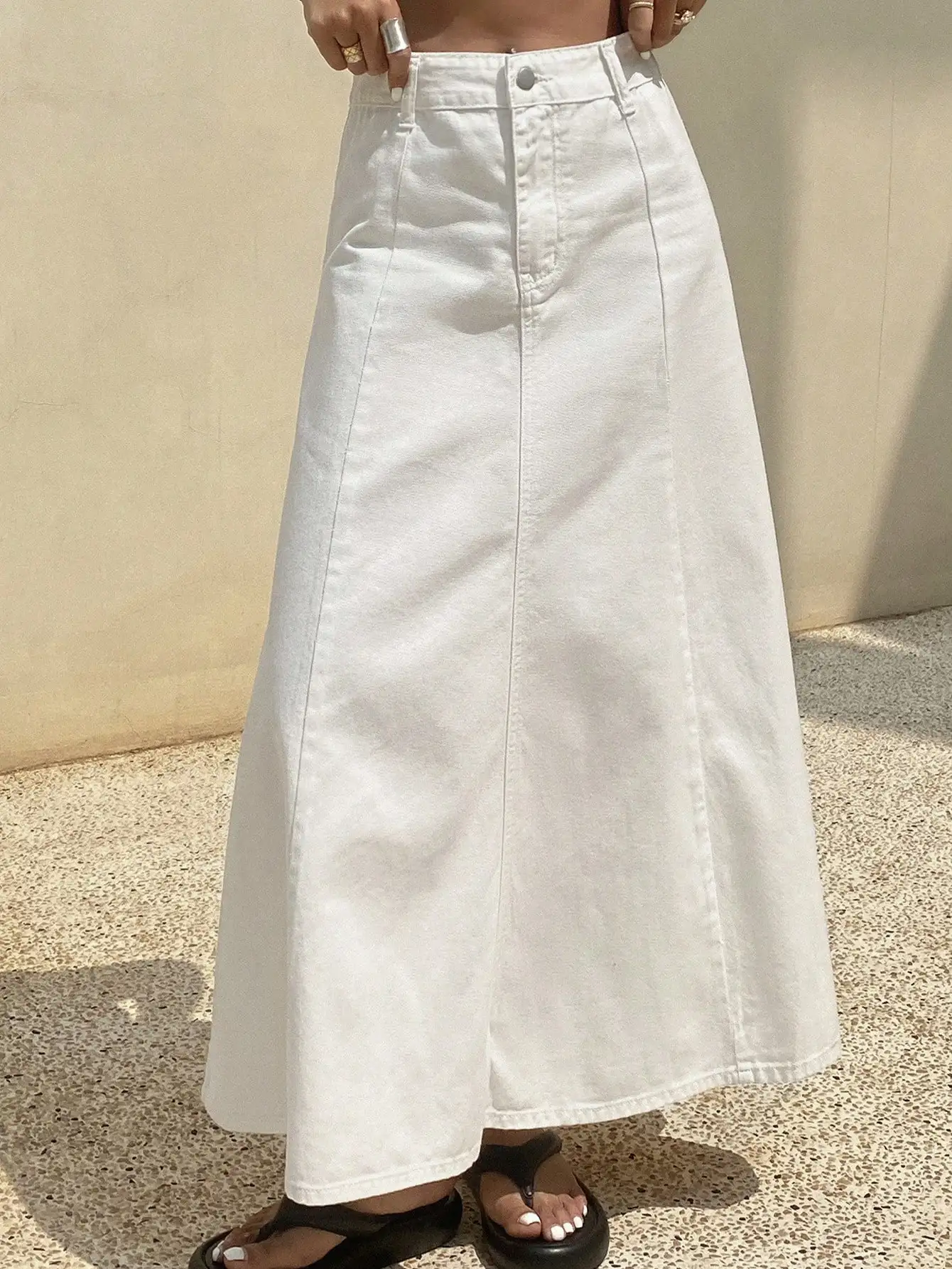 

White High-Waisted Pleated Long Denim Skirt for Women, Casual Loose Fit