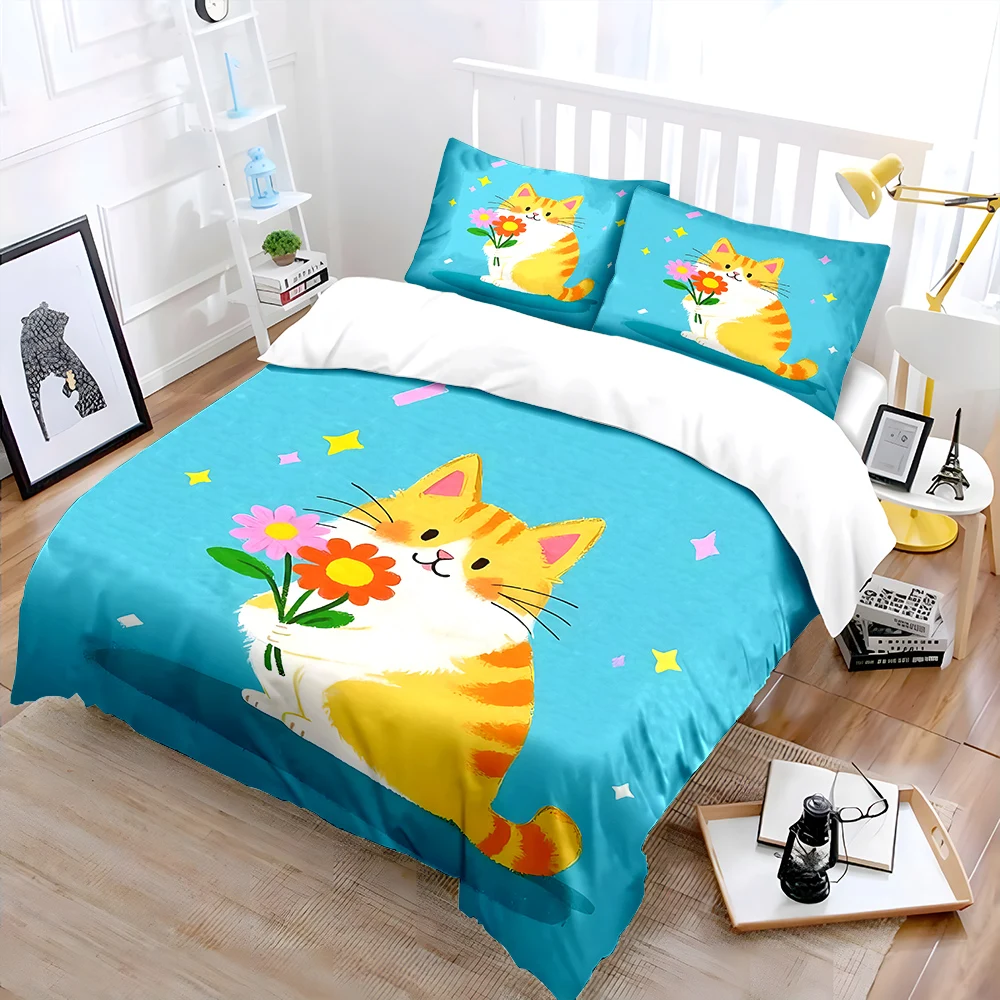Cute cat holding colorful flowers Pattern Duvet Cover Set Digital Print Colorful Polyester Bedding with Zipper Closur for gifts