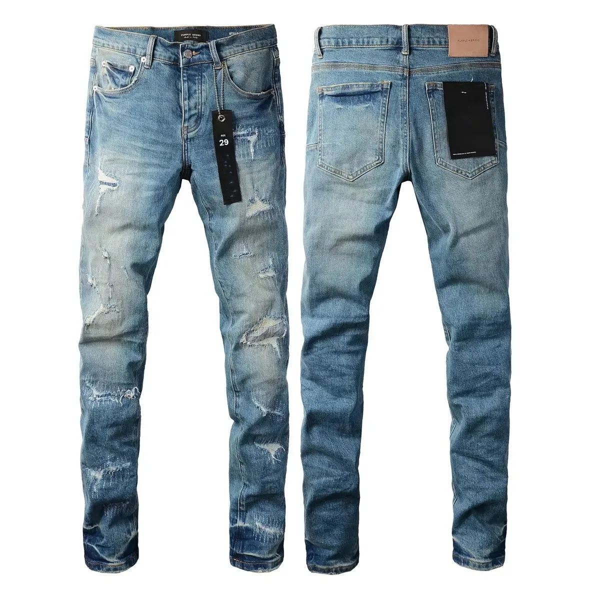 

new Purples Jeans Men denim pants distressed slim fitting color blue paint Fashion brand Repair Low Rise Skinny Denim pants