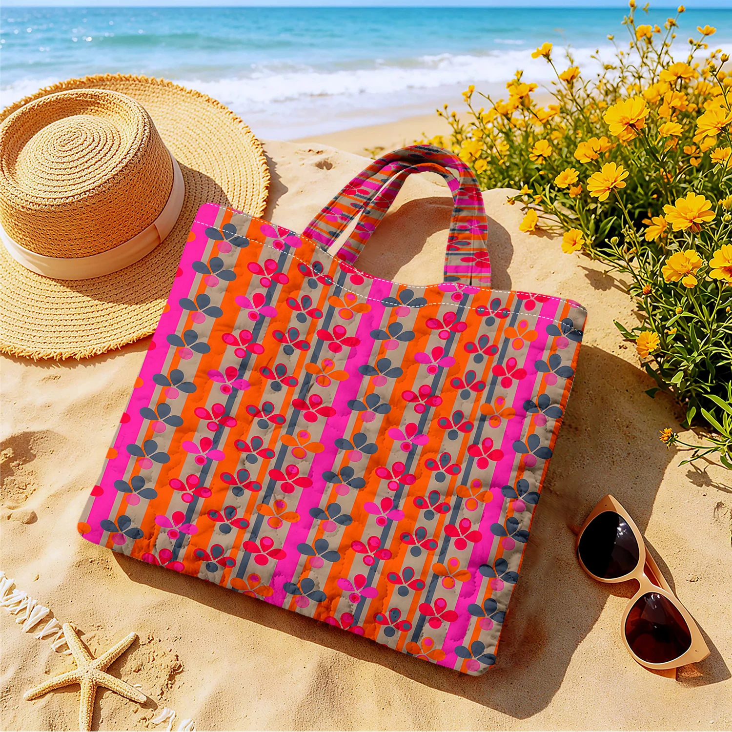 Retro Floral Stripe Large Capacity Canvas Shoulder Bag Dual Side Print Tote Bag Daily Shopping Bag Fashion Gift Handbag