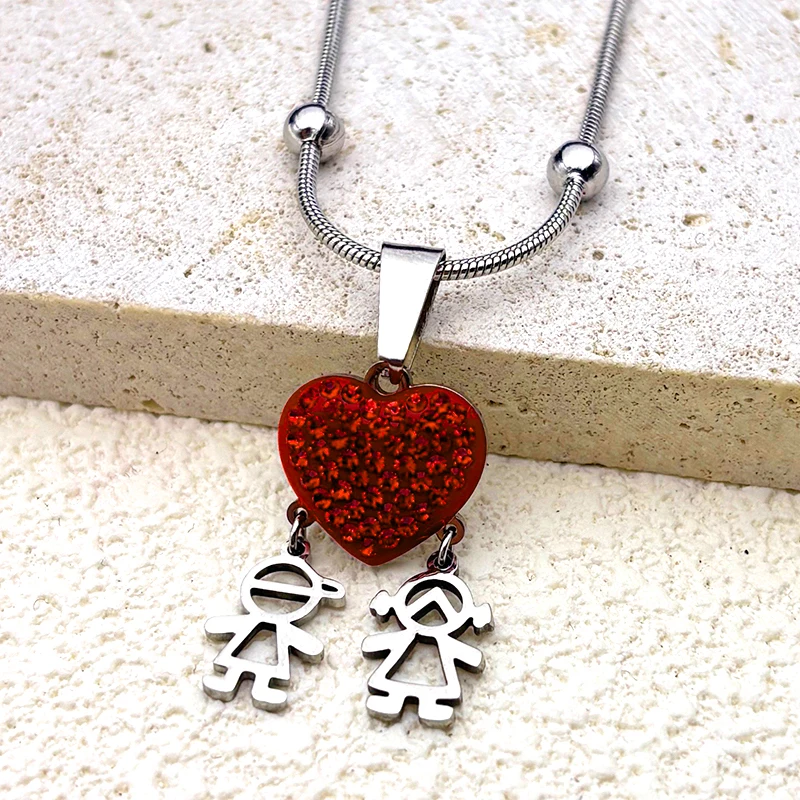 

Red Love Heart Kids Pendant Necklace For Women Men Stainless Steel Silver Color Family Fashion Chain Jewelry Gifts Mother's Day