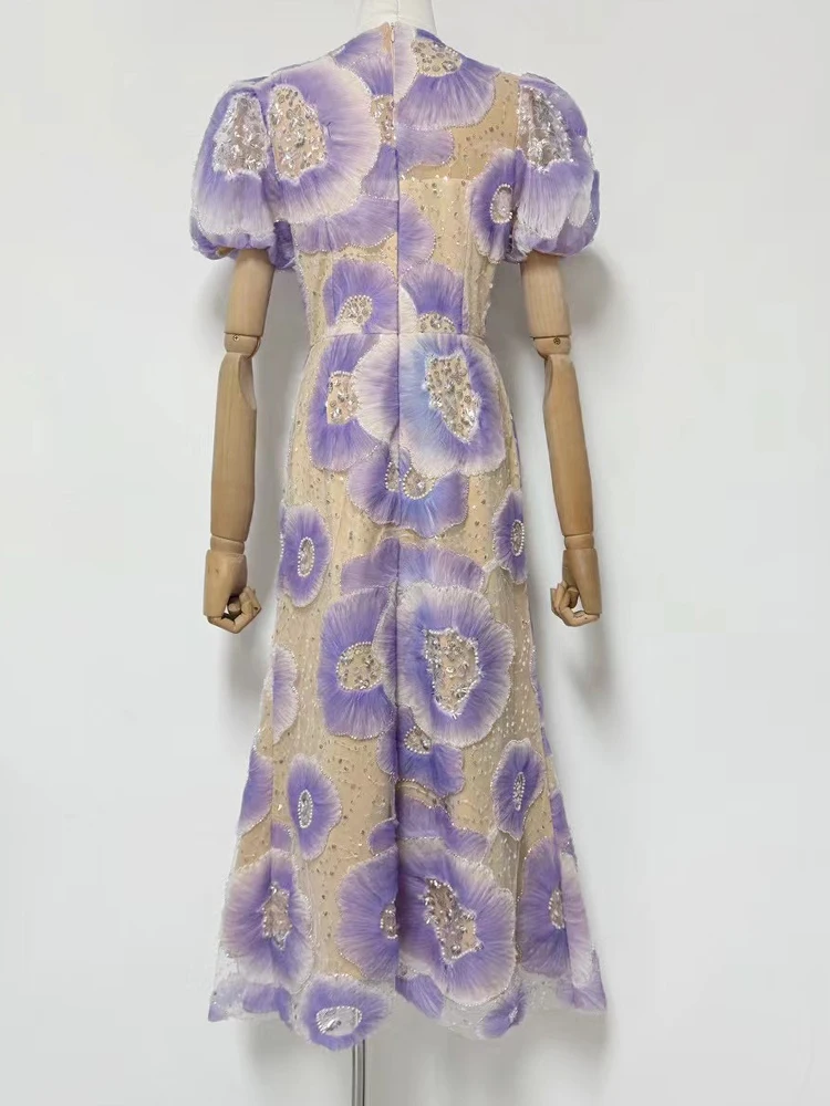 Printemps et été 2025 femmes nouvelle bulle manches patch fleur perlée brodée robe à paillettes mince robe de dîner de célébrité