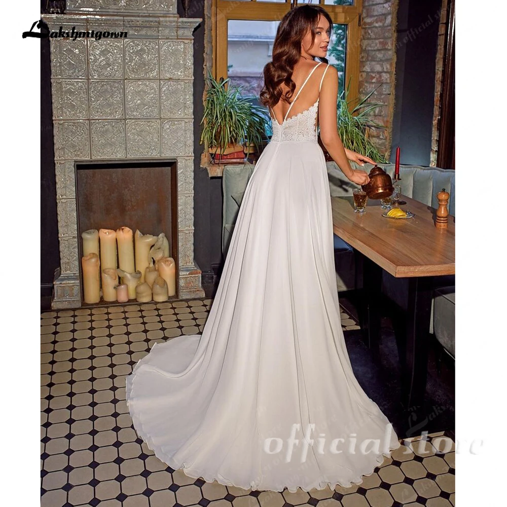 Lakshmigown Boho-Spitzen-Chiffon-Hochzeitskleid, klassische Spaghettiträger, A-Linie, V-Ausschnitt, offener Rücken, Brautkleid, individuell anpassbar – Detail 6