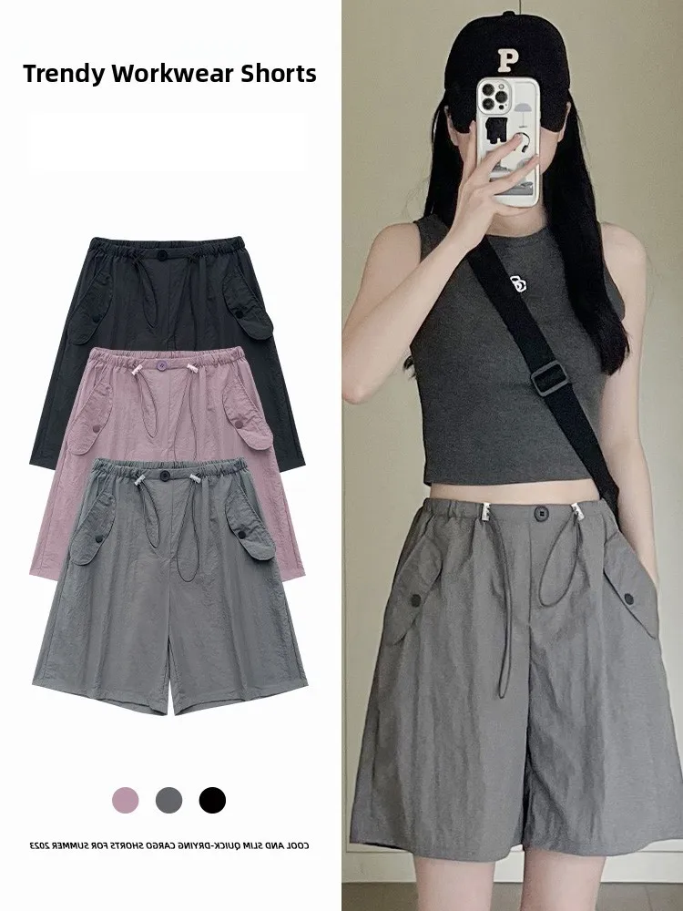 

ey Workwear orts Women Summer Thin High Waist Casual Wide Leg Design Qui Dry Sports American Five-Quarter Pants