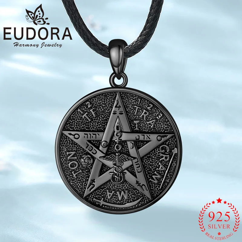 Eudora 925 Sterling Silver Pentagram Runes Necklace Black Tetragrammaton Lucky Star Amulet Pendant Women Men Fine Jewelry Gift