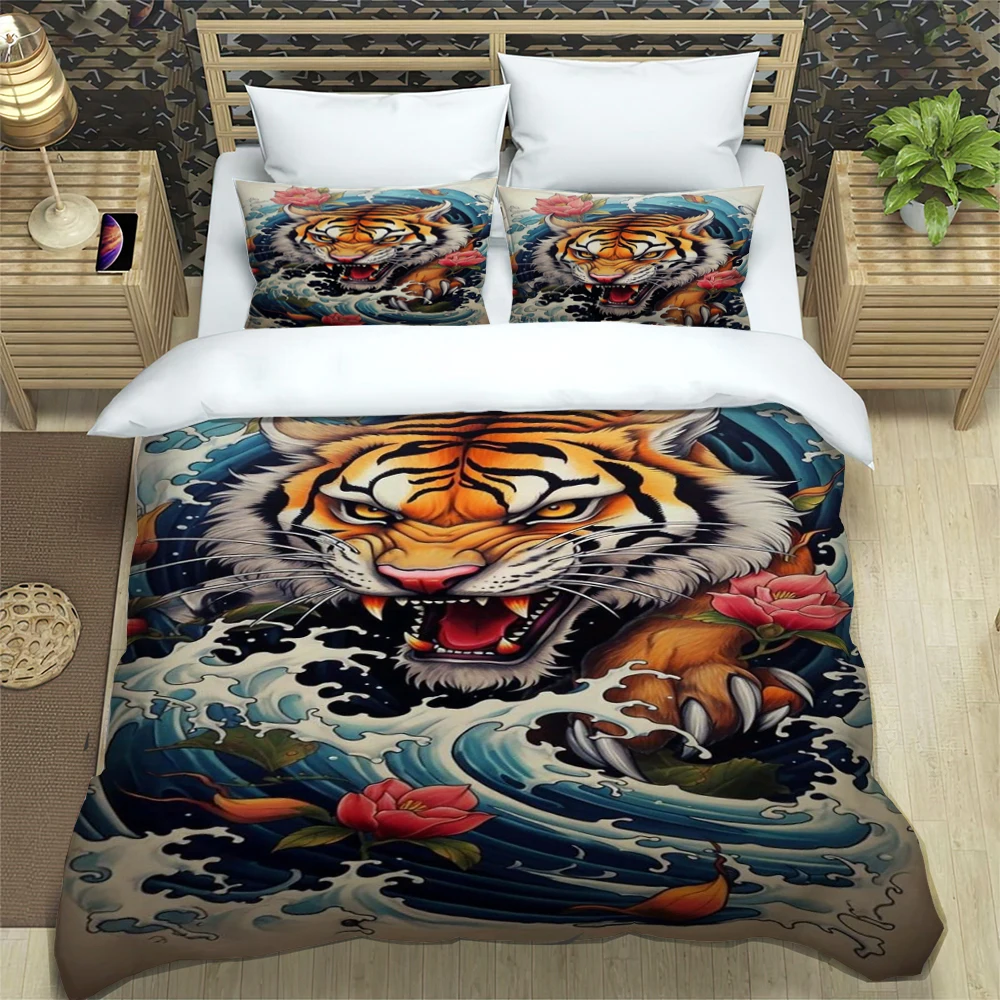 tiger tattoo Fashion Trendy Print Three-piece Set Suitable for Kids or Adults Quilt Cover Pillowcase Bedding Set Birthday Gift