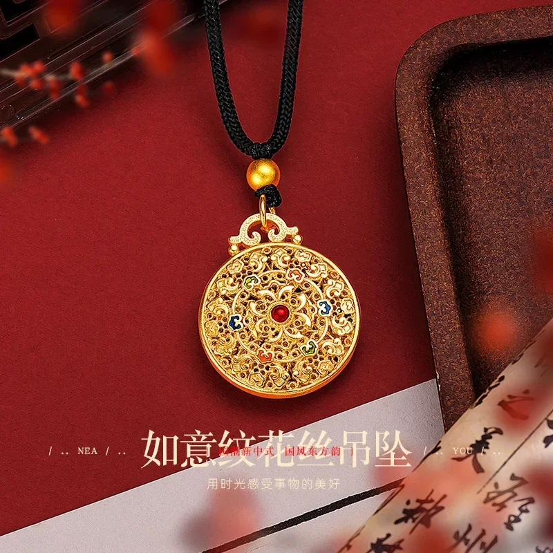 9999 Real Gold 24K Black Rope Necklace Enamel Color Hollow Flower Silk Xiangyun Ruyi Pattern Pendant Lanyard