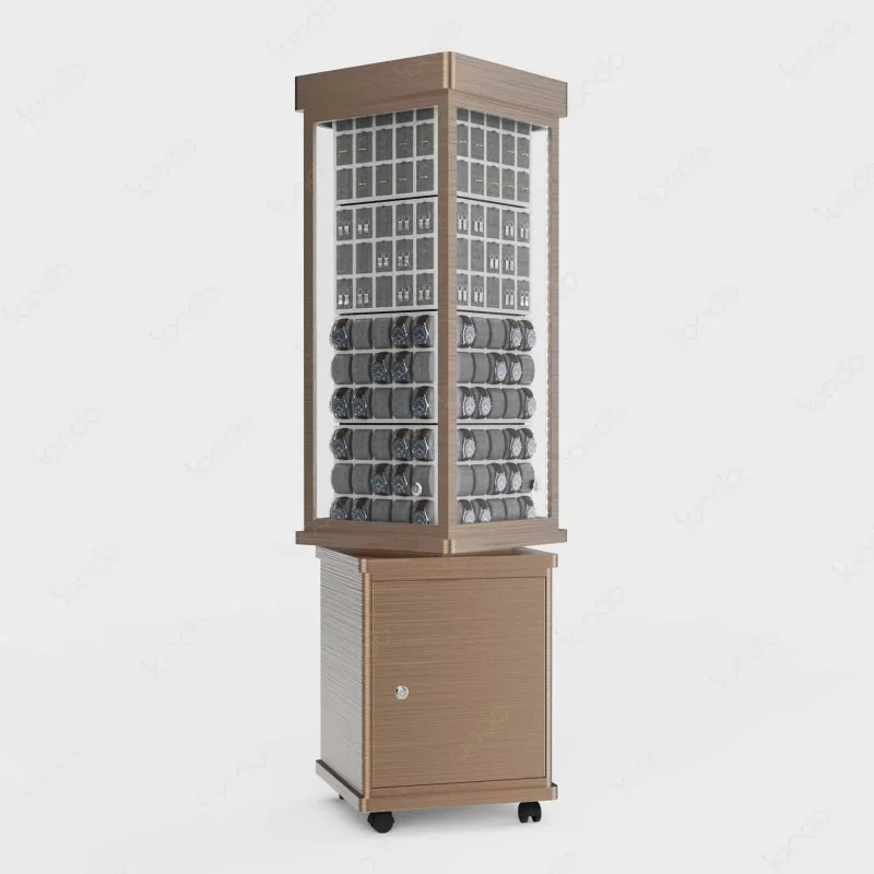 custom.Custom Rotating Watch Jewelry Display Cabinet Wood Marble Materials LED Lighting Luxury Style Wheels Removable Features-S