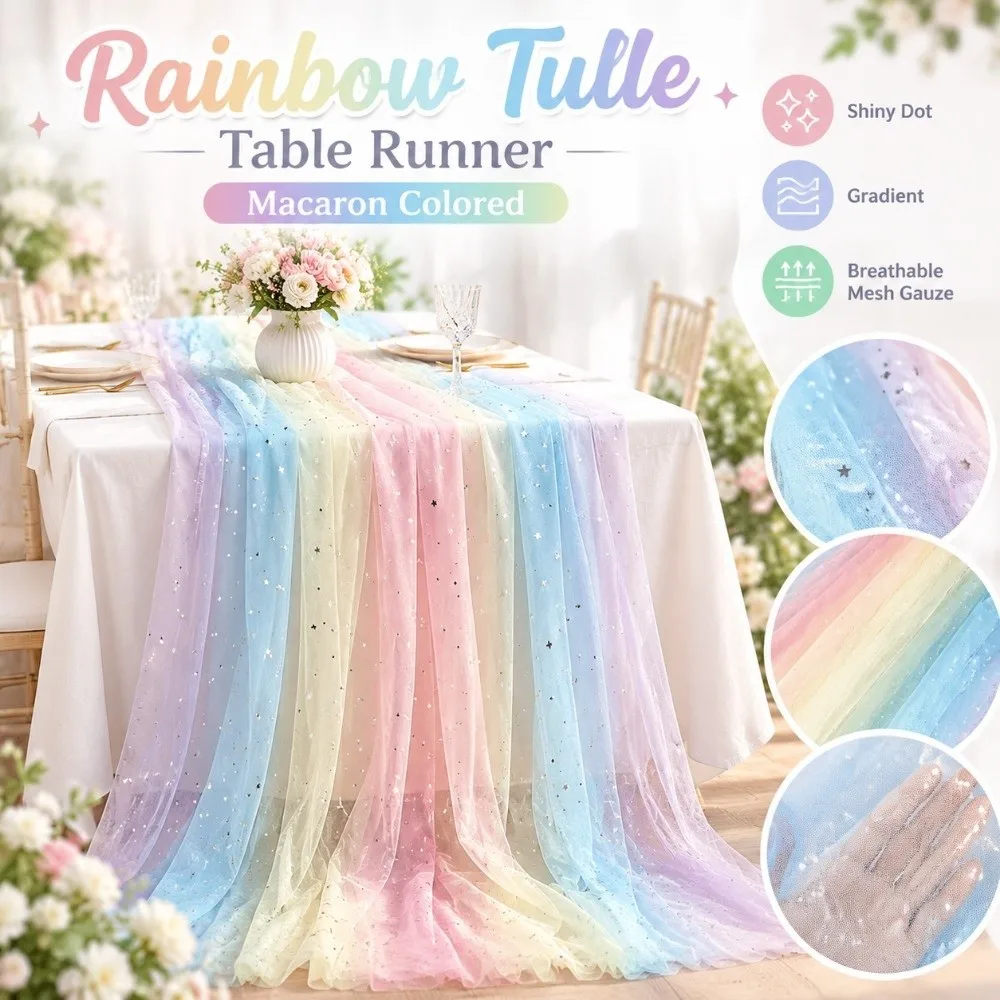 Macaron Colored Rainbow Tulle Table Runner Gradient Soft Mesh Tulle Fabric Shiny Dot Breathable Table Flag Stage Background