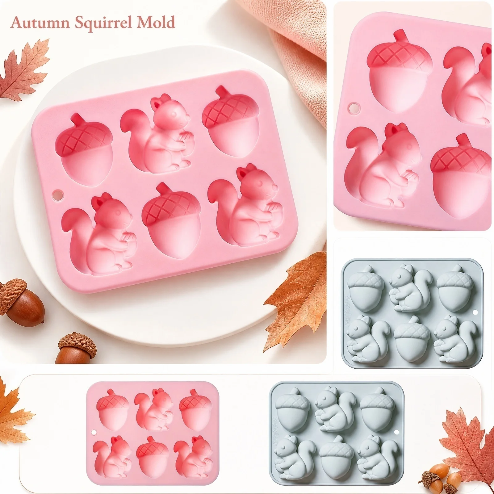 6-Cavity Squirrel Acorn-Shaped Cake Mold for Autumn Harvest Festival Ice Cube and Chocolate Silicone Mold Baking Tools ﻿