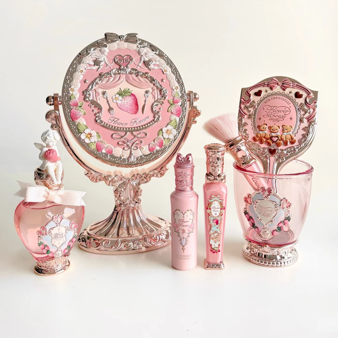 Flower Knows 9th Anniversary Limited Edition Luxury Vanity Mirror with Paddle Hair Brush And Brush Holder Set for Makeup Desk
