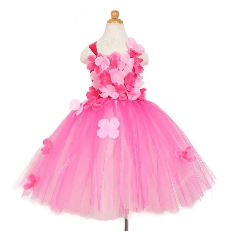 New Quality Pink Princess Flowers Petal Girl Wedding Dress Girls Tulle Fuffy Party Formal Dress Princess Tutu Dress Vestidos