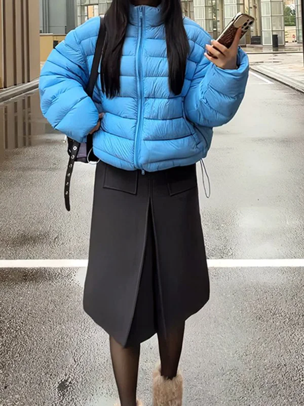 

Корейская утепленная куртка-пуховик с воротником-стойкой, синяя, короткая, из хлопка, для женщин, теплая, модная, универсальная верхняя одежда для зимы