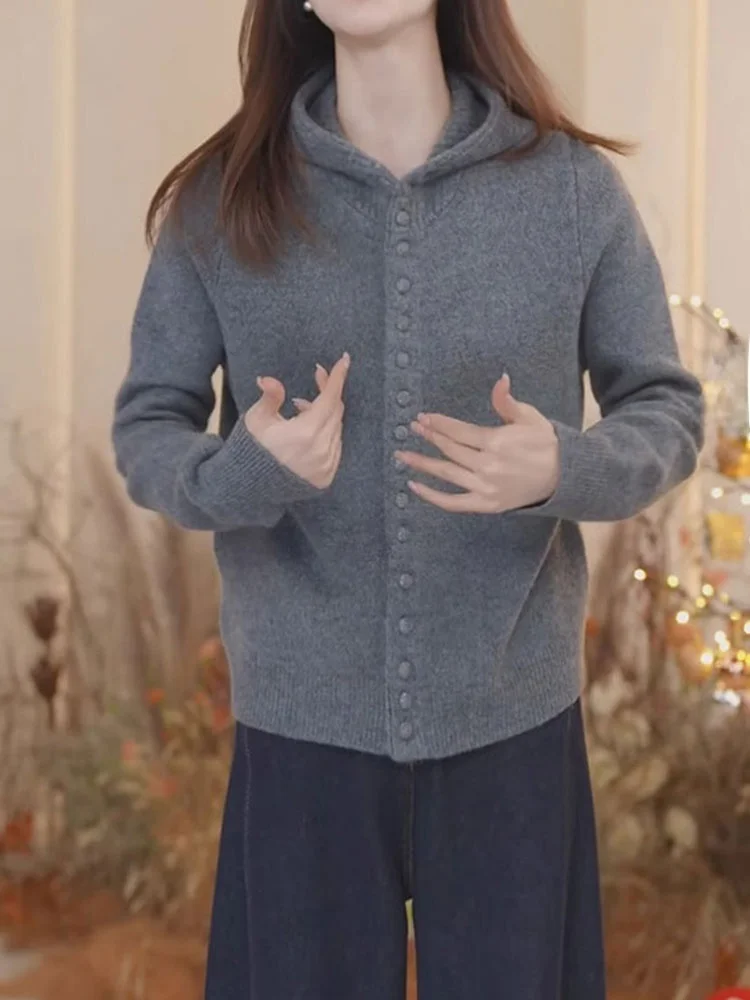 Cardigan lavorato a maglia con cappuccio in puro colore coreano Sle Lungo Sve Top da donna casual Agel Chic Faion Design Capispalla per il tempo libero