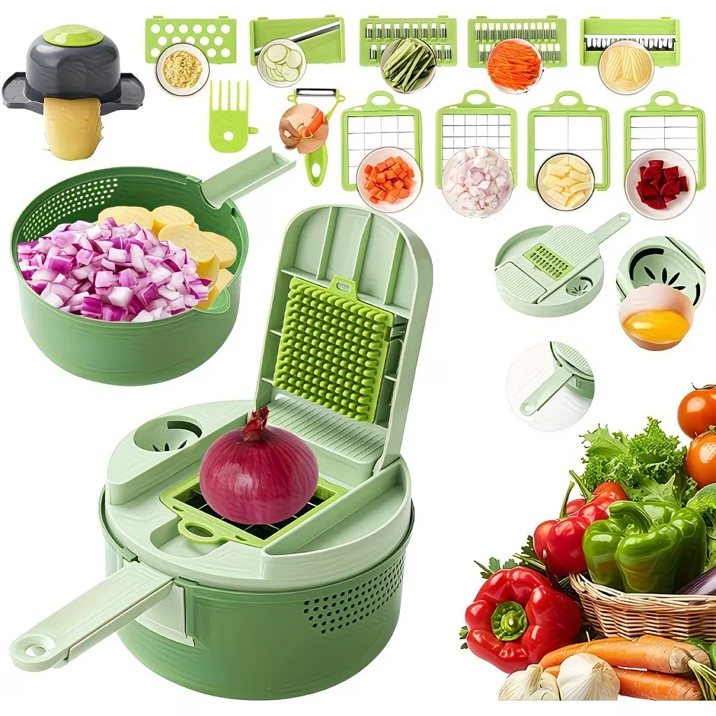 Coupe-légumes 16-en-1 avec fonction de drainage, équipé de plusieurs lames remplaçables, hachoir à légumes, adapté aux oignons, pommes de terre, carottes et concombres, un bon assistant en cuisine.