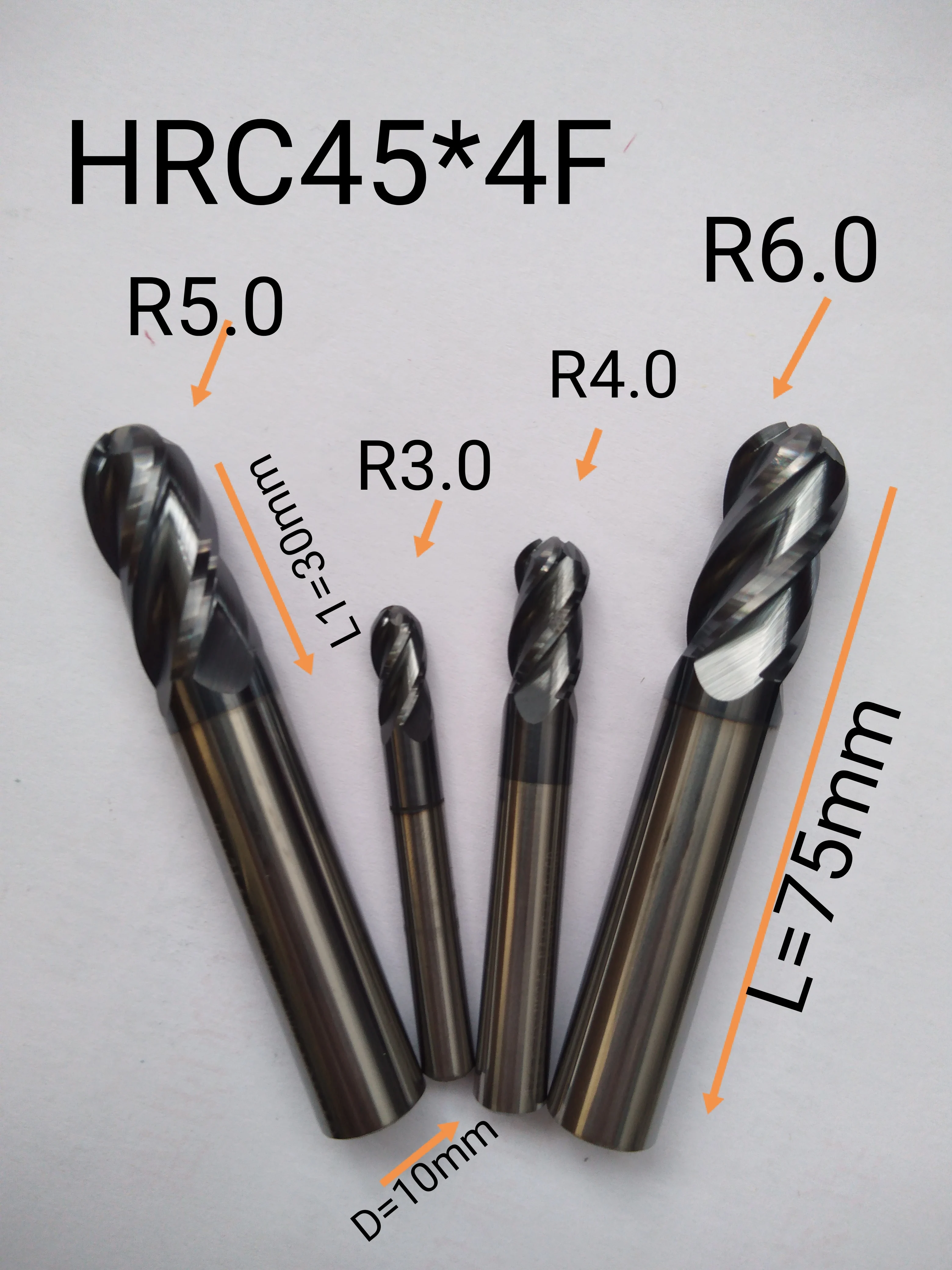 R3mm,R4mm,R5mm, R6mm HRC45 solid Carbide 4 Flutes Ball nose end mills Spiral Bit Milling Tools CNC Router bits