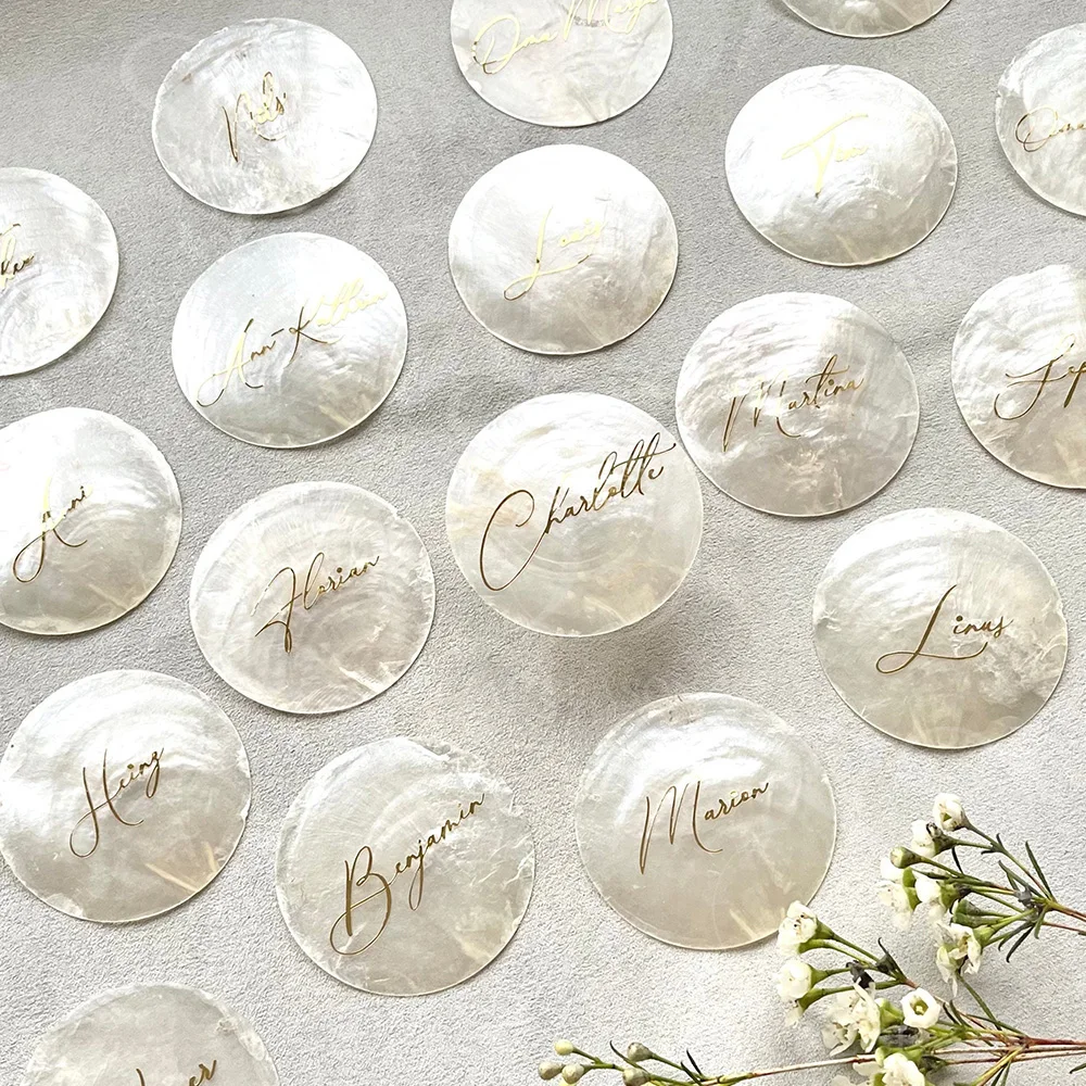 Marque-places personnalisés en forme de coquillage pour mariage, anniversaire, autocollants personnalisés avec nom russe sur coquillages, décoration de fête, cadeaux pour invités