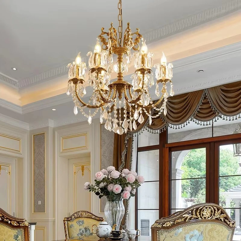 All Copper European Crystal Lamp American Medieval Chandelier French Living Room Lamp Villa Classical Restaurant Lamp