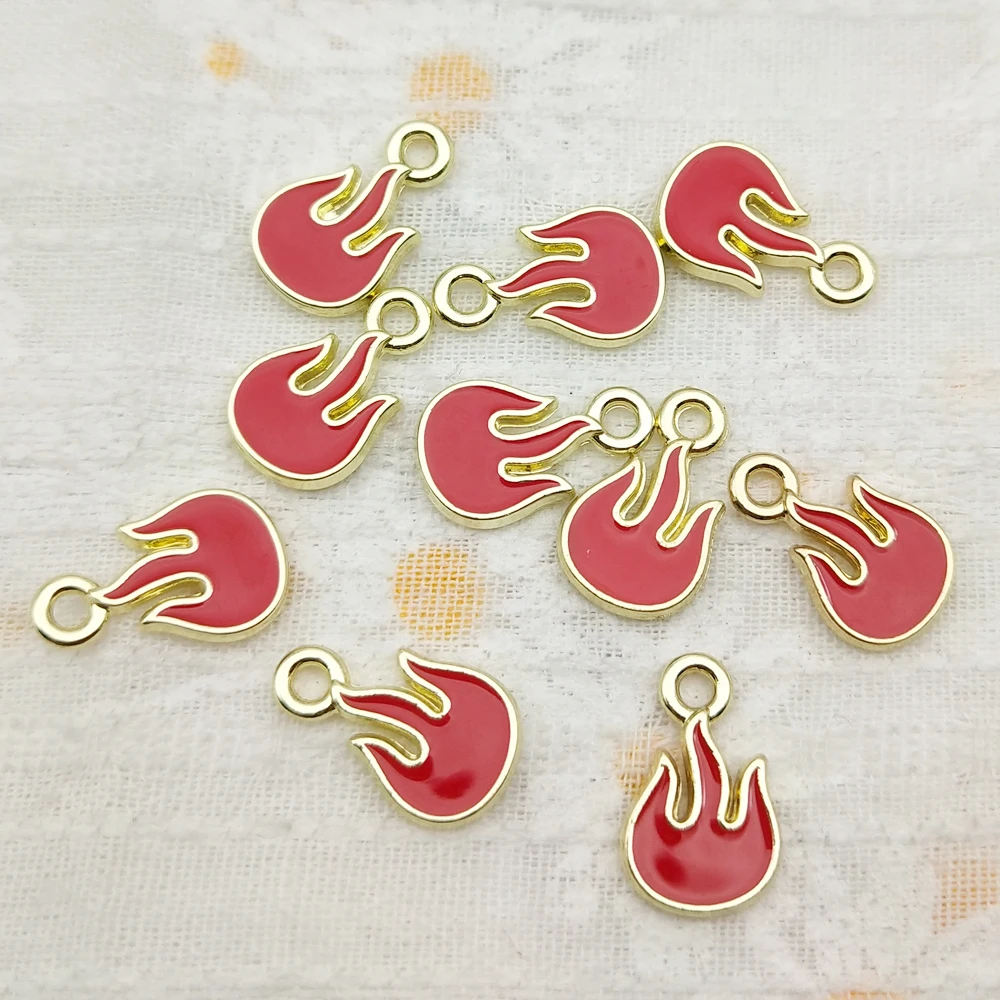 10pcs Flame Charm Jewelry Accessories Enamel Necklace Earring Pendant Diy Making Supplies Alloy Metal Gold Plated