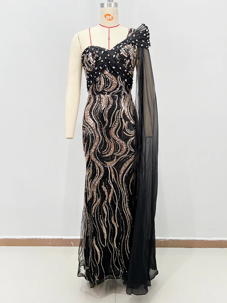 Czarne cekinowe sukienki maxi typu bodycon – elegancka suknia w stylu syreny na formalne okazje z złotymi detalami, luksusowa długa suknia koktajlowa i na studniówkę