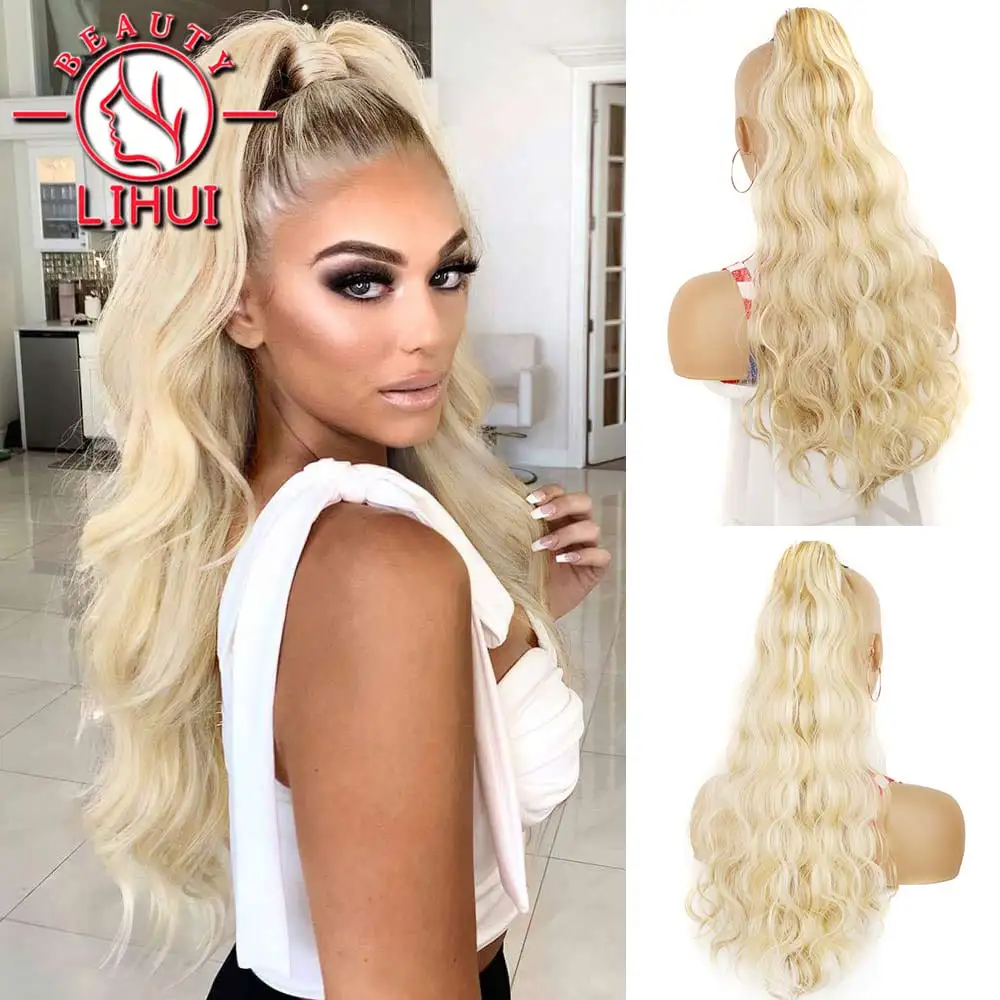 

Synthetic Ponytail Long Hollywood Body Wave Ponytail Wrap Around Body Wave Clip In Hairpiece Blonde Wave Ponytail For Women 24"