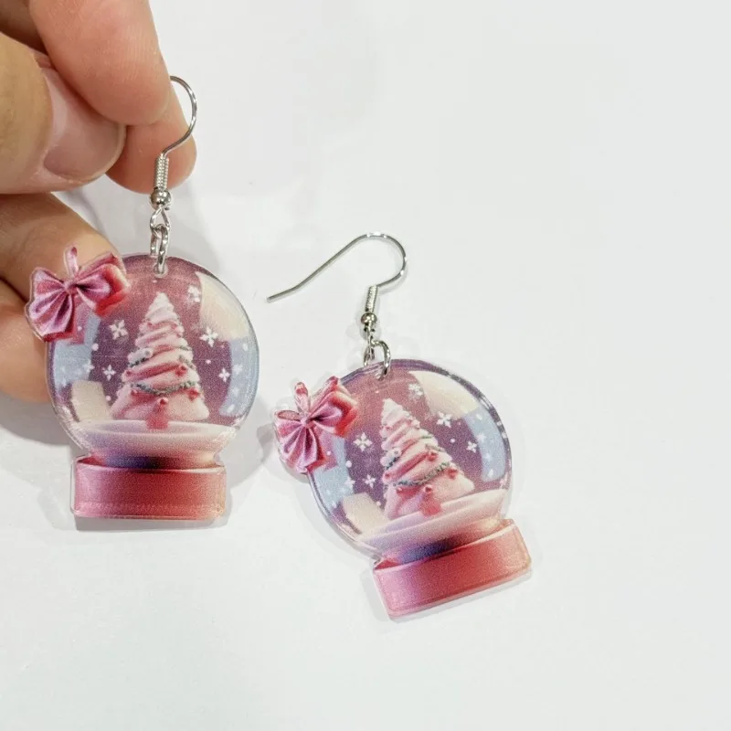 Popular Acrylic Christmas Snowball Cake Tree Earrings with Pink Bow Christmas Fashion Accessories 2024