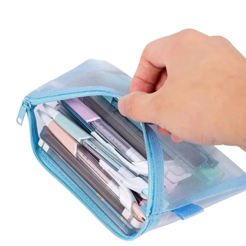 Mesh Nylon Pencil Bag Pens Organizer Case Transparent Nets Stationery Storage Bag Pouch Portable Cosmetics Storage Bags