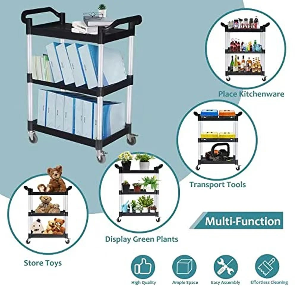 AGTAGUES 3 Tier Rolling Cart Restaurant Cart with Shelf Wheels & Brakes Food Service Cart Heavy Duty Plastic Utility