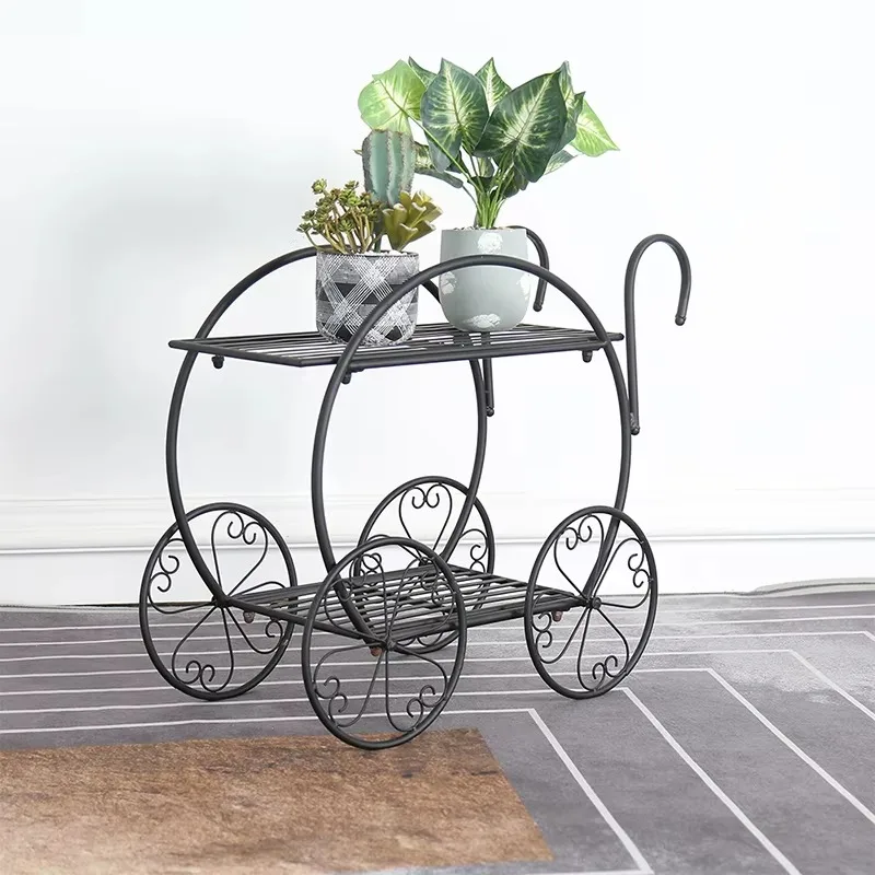 

Indoor Metal Flower Pot Plant Stand Rack Black 2-Tier Display 4 Wheel Wagon Garden Metal Planter Stand Holder