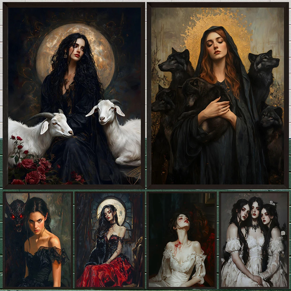 Celestial Witch And Vampire Sisters Gothic Wall Art Canvas Print,Spooky Female Portrait Home Decor,Moody Victorian Art Poster