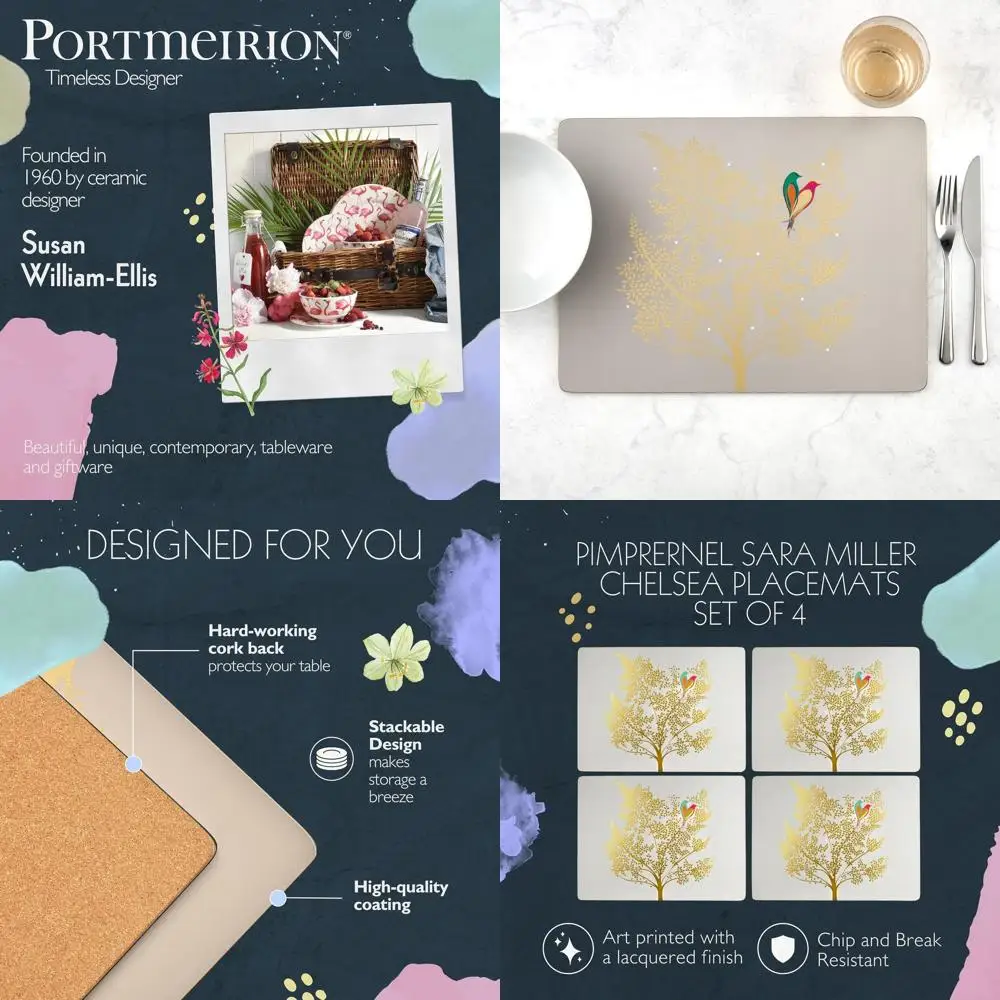 

Chelsea Collection Placemats by Sara Miller London, Set of 4, 15.7 x 11.7, Cork with Gold Foil Birds, Heat/Stain Resistant