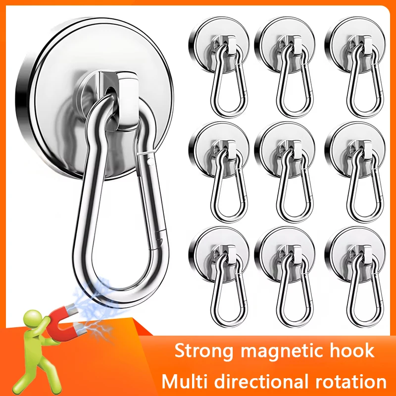 Strong Magnetic Hooks Heavy Duty Neodymium Magnet Hooks With Swivel Carabiner Hook Bathroom Kitchen Hanging Hanger Key Storage