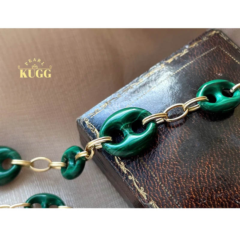 

KUGG 18K Yellow Gold Necklace Vintage Eleagnt Style Real Natural Malachite Bracelet&Necklace for Women High Party Jewelry Set