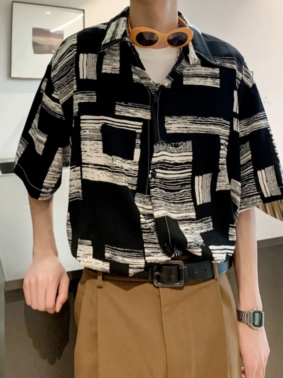 

Повседневная свободная мужская рубашка с коротким рукавом, летний дизайн, модная верхняя одежда в гонконгском стиле, нестандартный крой