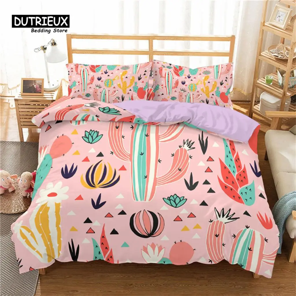 

Cartoon Cactus Duvet Cover Tropical Botany Garden Plants 3D Print Bedding Set Succulents Pillowcase Microfiber Comforter Cover