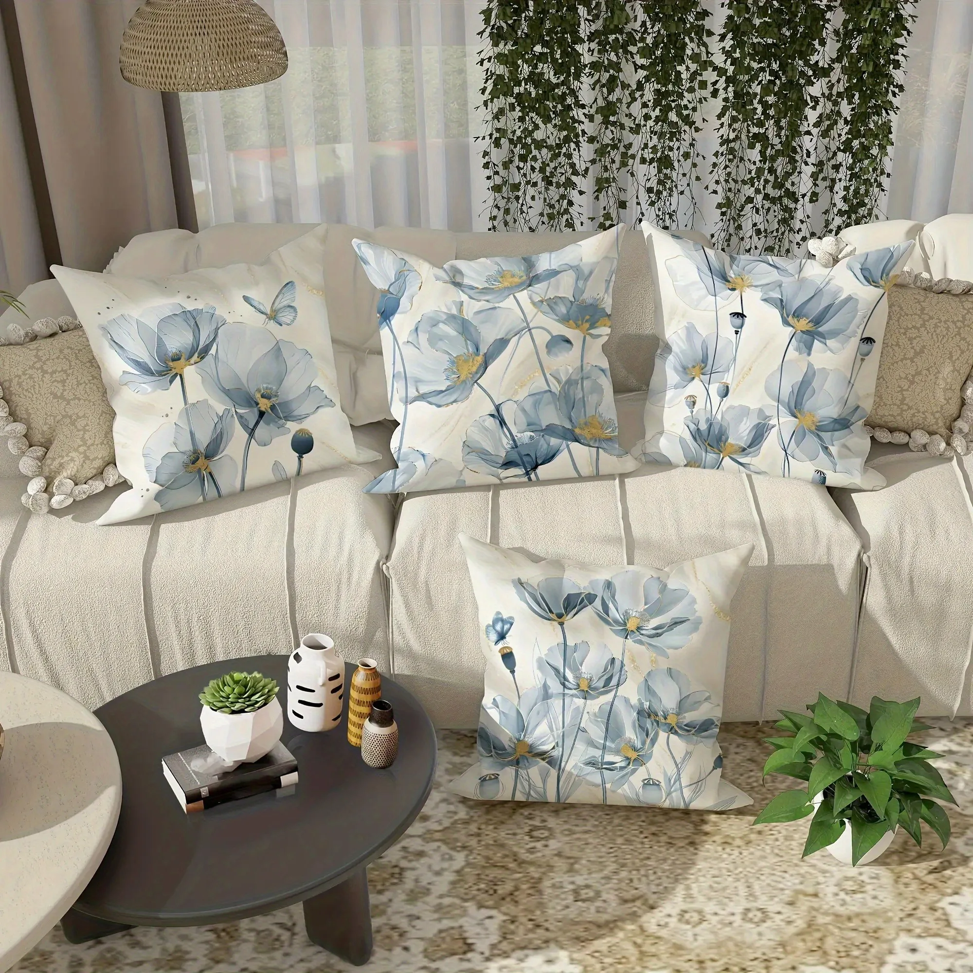 

Blue Watercolor Poppy Pillowcase: Gold-Accent Floral & Butterfly Pattern Cushion Cover for Serene Modern Home Sofa Decor