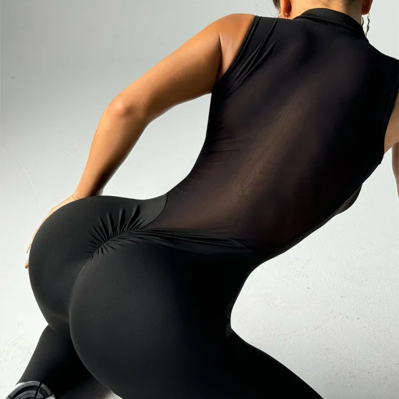 mesh splicing one-piece yoga suit back cut-out hotty jumpsuits women's pure desire sexy hip lifting trousers fitness clothes